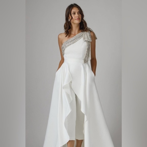NWTJayGodfrey White One-Shoulder Jumpsuit with removable skirt Size 12